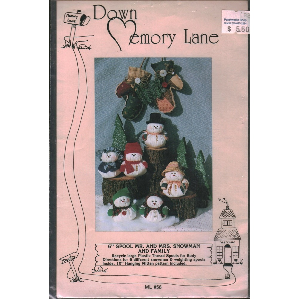 Down Memory Lane Spool Mr and Mrs Snowman Family Mitten Sewing Pattern 1992